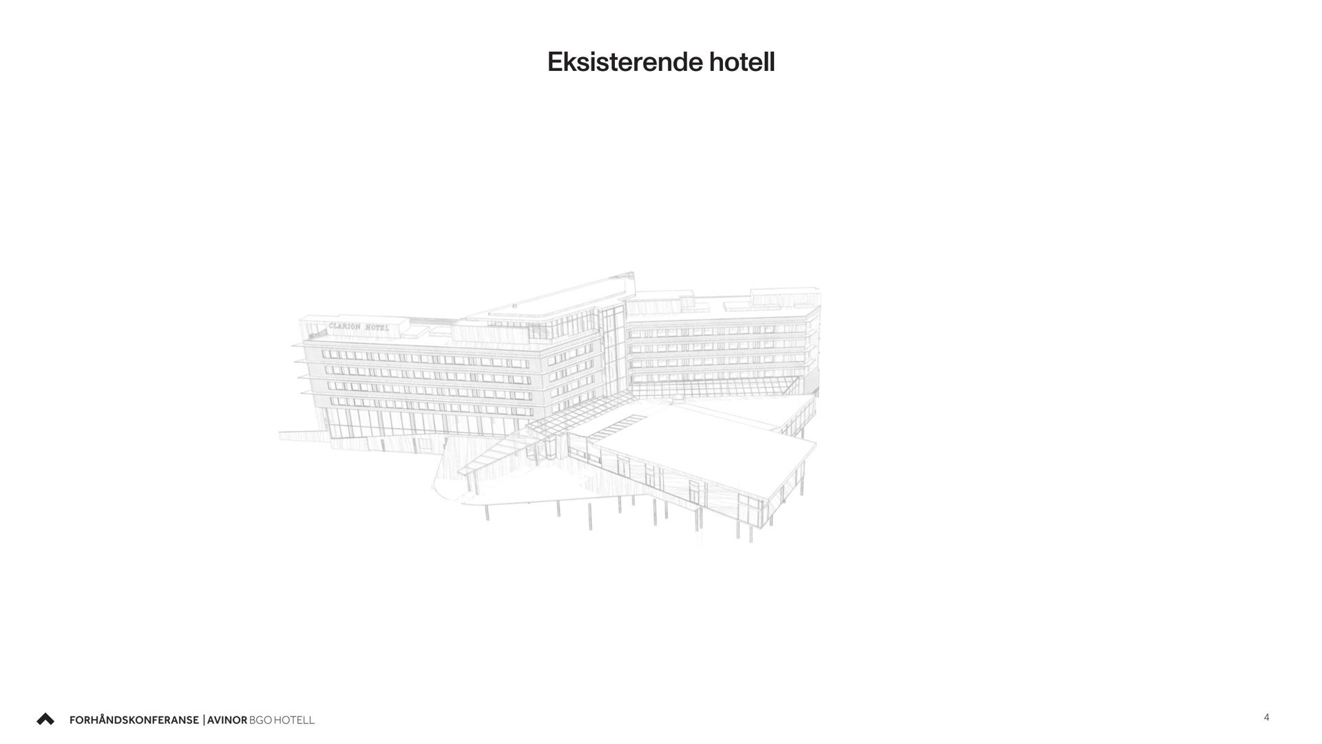 En 3D-visualisering (linjetegning) av et eksisterende hotell sett fra utsiden.
