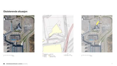 Situasjonsplan som viser eksisterende bygninger, veier og grøntområder på tomten.