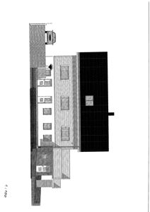 Fasadetegning som viser bygningens utside med vinduer, takform og fasadematerialer.