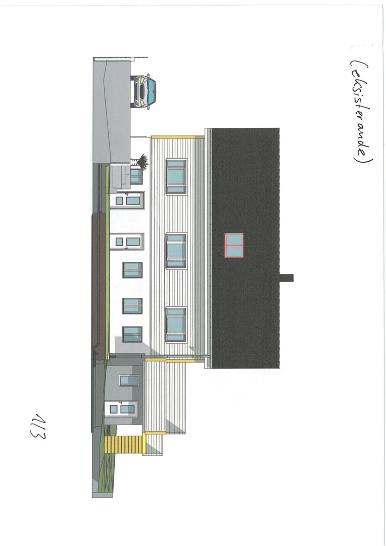 Fasadetegning som viser bygningens utside, inkludert vinduer, tak, fasadematerialer og en bil parkert foran.