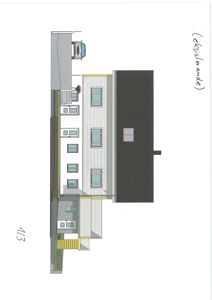 Fasadetegning som viser bygningens utside, inkludert vinduer, tak, fasadematerialer og en bil parkert foran.