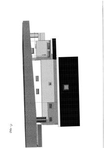 Fasadetegning som viser bygningens utvendige profil, vinduer, taklinjer og fasadematerialer.