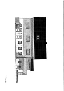 Tegning som viser fasaden på en bygning sett fra siden (profil), med synlige vinduer, taklinje og fasadetekstur.