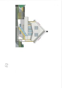 Fasadetegning som viser bygningens utside, inkludert takform, vinduer og fasadematerialer.