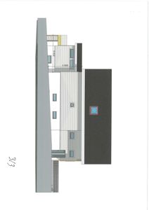 Fasadetegning som viser bygningens utside med vinduer, materialer og dimensjoner.