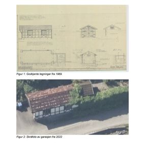 Bildet viser en sammensatt side med to figurer: Figur 1 er en tegning (godkjent tegning fra 1969) av en bygning, og Figur 2 er et skråfoto av en garasje fra 2022.
