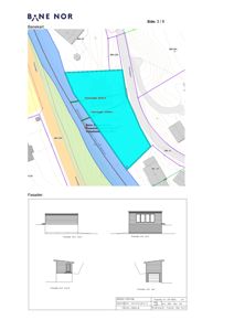 Bildet viser en situasjonsplan (banekart) og fire fasadetegninger for en planlagt bygning.