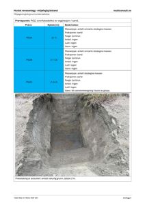Fotografi av en prøvegravning (PG2) med tilhørende tabell over geologiske prøver.