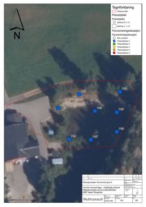 Situasjonsplan for en forurenset grunn, som viser et prøvebilde med markerte prøvepunkter (PC1-PC8) og en tegnforklaring for forurensningssituasjonen.