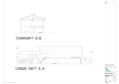 Bildet viser to snittegninger (Tverrsnitt B-B og Lengde snitt A-A) som illustrerer bygningens indre oppbygning, høyder og trappeløsninger.