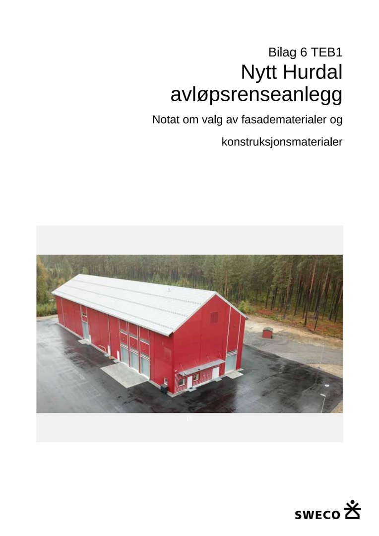 Fotografi av et rødt industribygg med hvitt tak, sett fra en høy vinkel. Bildet er inkludert i et dokument om valg av fasadematerialer.