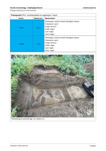 Fotografi av en prøvegravning (grøft) med jordlag og utstyr, illustrert i en rapport.