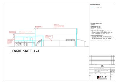 Lengdesnitt (A-A) av en bygning som viser etasjeskille, takkonstruksjon og brannskjerming.