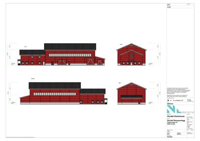 Fasadetegning som viser bygningens utseende fra fire ulike vinkler (SØ, VØ, NO, Ø).