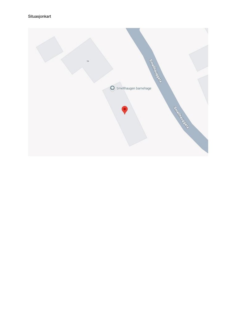 Et situasjonskart som viser bygningens plassering i forhold til Smellhaugvegen og Smellhaugen barnehage.