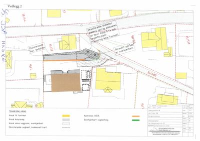 Situasjonsplan som viser eksisterende og planlagt bebyggelse, veggrunn, overbygning og arealbruk på tomt.
