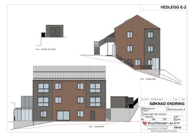 Fasadetegning som viser bygningens ytre utseende fra tre ulike vinkler (vest, øst og sør).