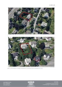 Oversiktsbilde (flyfoto) av et område med eiendom markert med rødt.