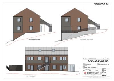 Fasadetegning som viser bygningens utseende fra tre ulike vinkler (vest, nord og nord-øst).