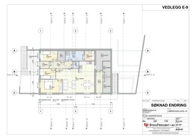 Etasjeplan for underetasjen (PLAN UNDERETASJE) som viser romfordeling, vegger og snittlinjer.