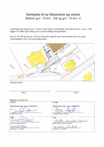 Situasjonskart som viser eiendomsgranser, eiendommer (nr. 158 og 4), en planlagt tilkomstvei og vegerett.