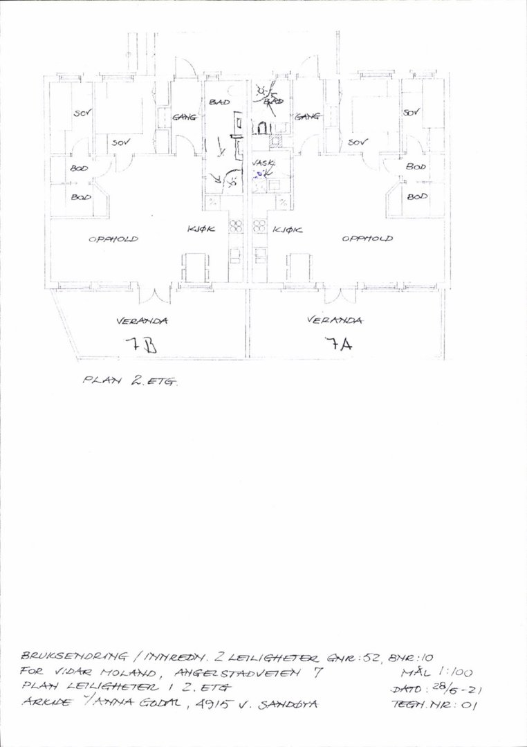Etasjeplan for 2. etasje i en bygning med to leiligheter (7A og 7B), inkludert romfordeling, bad, kjøkken og verandaer.