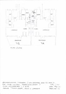 Etasjeplan for 2. etasje i en bygning med to leiligheter (7A og 7B), inkludert romfordeling, bad, kjøkken og verandaer.