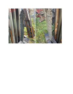 Fotografier av en borehull i jorda, sannsynligvis fra en geoteknisk undersøkelse eller grunnundersøkelse. Bildet viser en borestang og en betongmasse som er pumpet ned i hullet.