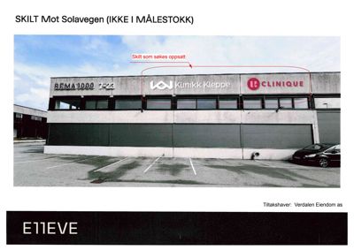 Fotografi av en bygningfasade med skilt (REMA 1000, Klinikk Kleppe, CLINIQUE) og en markert omrisset for et nytt skilt.