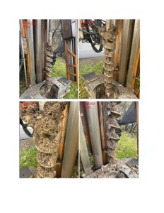 Fotodokumentasjon av borearbeider (spiralbor) med jordprøver fra ulike dyp (0,7m, 1,1m, 1,2m).