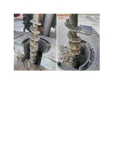 Fotografier av boremaskin med borestang i jorda, sannsynligvis fra en grunnundersøkelse (punkter 005 og 006).