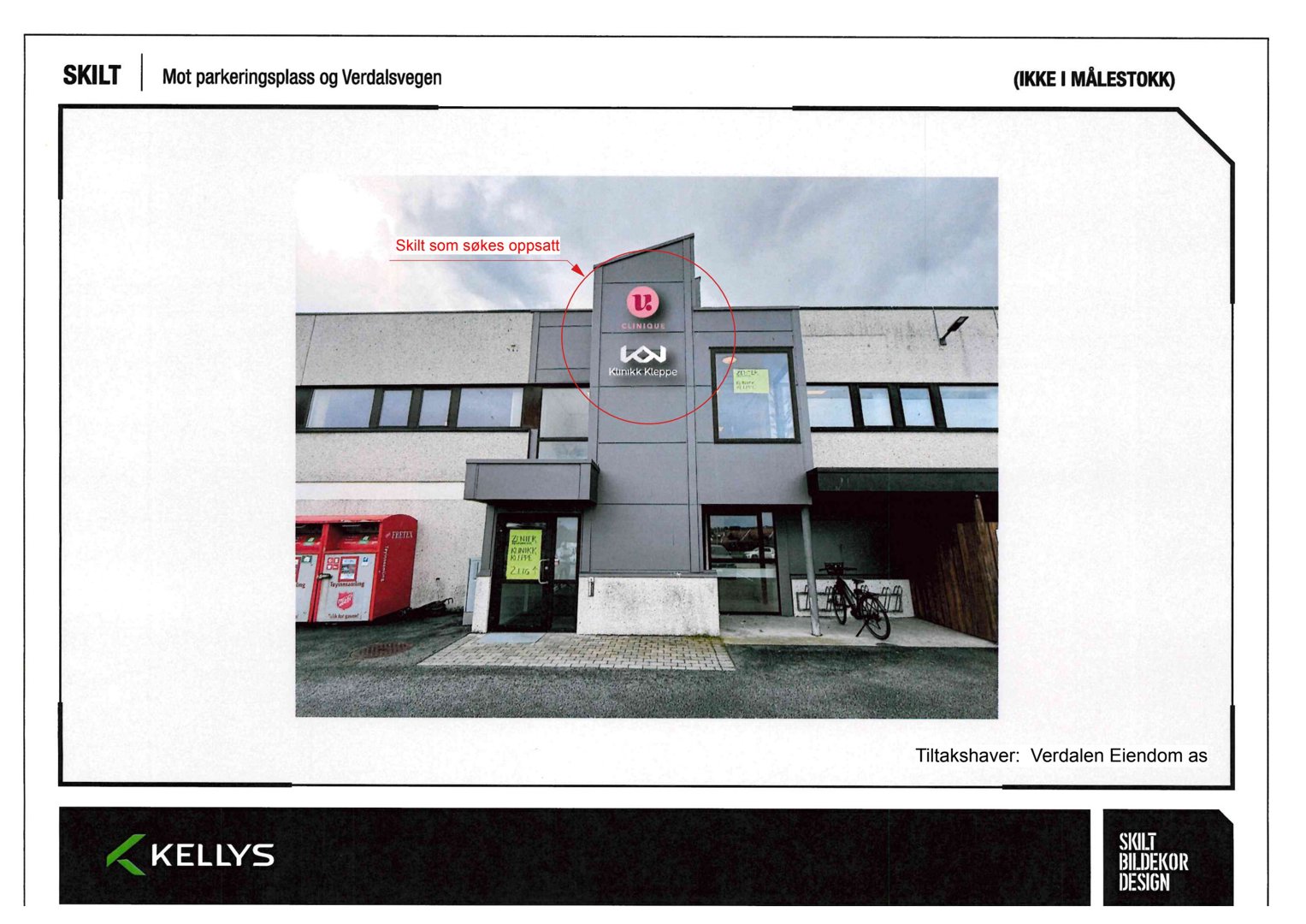 Fotografi av en eksisterende bygning med skilt, brukt som referanse for et skiltprosjekt.