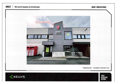 Fotografi av en eksisterende bygning med skilt, brukt som referanse for et skiltprosjekt.