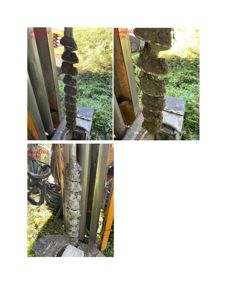 Fotografier av en boremaskin med borestang (spade) som er dekket av jord, tatt under et geoteknisk uttak.