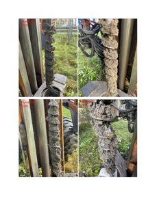 Fotografier av en boremaskin som uttreier jordprøver fra et borehull. Bildene viser jordmassene på borerøret ved ulike dybder (0-1m, 1-2m) med merking av 'Punkt 004'.