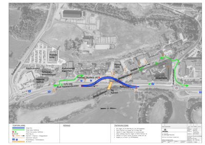 Kart over et område med veier, bygninger og en planlagt ny kulvert i Orkiskebekken.