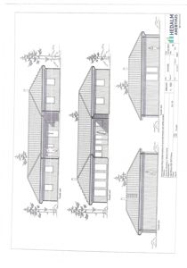 Fasadetegning som viser bygningens utseende fra fire ulike vinkler (for, bak, venstre og høyre side).