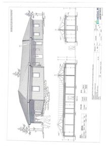 Fasadetegning (opprikk) av en bygning med tilhørende snitt og tekniske opplysninger.