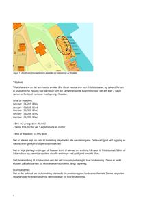 Situasjonsplan som viser plassering av eiendommen (rødt sirklet) i forhold til naboer og vann, med arealdata og eiendomsnummer.