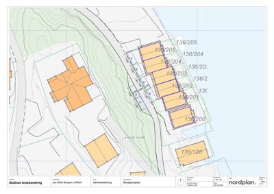 Situasjonsplan som viser tomtedeling, bygningsplassering og topografi for prosjektet 'Skålnes bruksendring'.