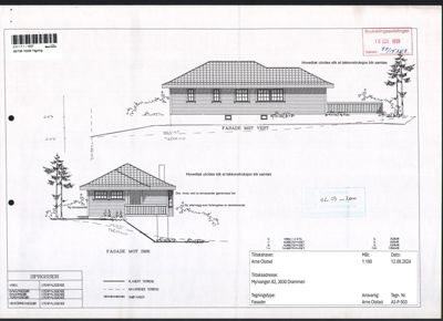 Fasadetegning som viser bygningens utseende sett fra vest og sør med detaljer om terreng og takkonstruksjon.