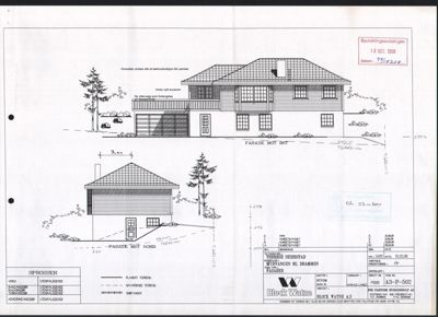 Fasadetegning av en bolig med utsikt mot øst og nord, inkludert detaljer om utvidelse av tak og nye vinduer.