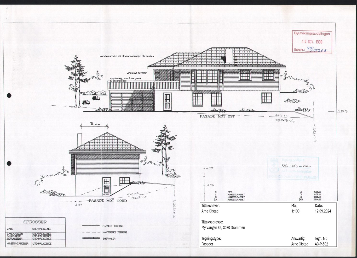 Fasadetegning som viser fronten av en bolig sett fra øst og nord.