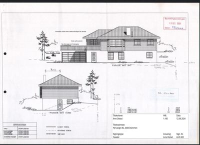 Fasadetegning som viser fronten av en bolig sett fra øst og nord.