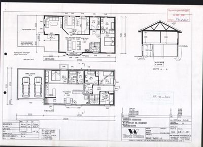Bildet viser et etasjeplan (1.ETASJE og U.ETASJE) med romfordeling, mål og en snittegning (SNITT A-A) av bygningen.