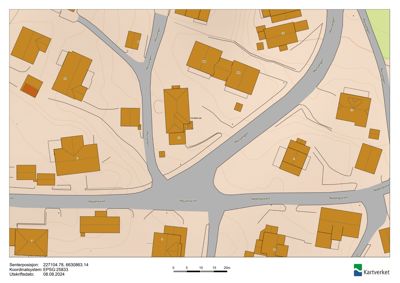 Kart som viser bygningsfot, vegnett og topografi i et område.