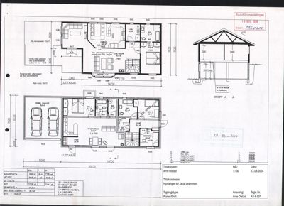 Bildet viser et ark med flere etasjeplaner (1. etasje, U. etasje) og et snitt (SNITT A-A) av en bolig.