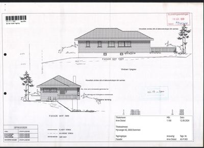 Fasadetegning som viser bygningens utseende fra vest og sør, inkludert terrengforhold og detaljer.