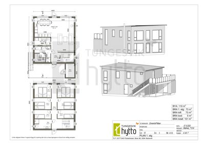 En tegning som viser etasjeplaner (1. etg og loft) for en hytte, inkludert romfordeling, mål og fasadeopprikk.