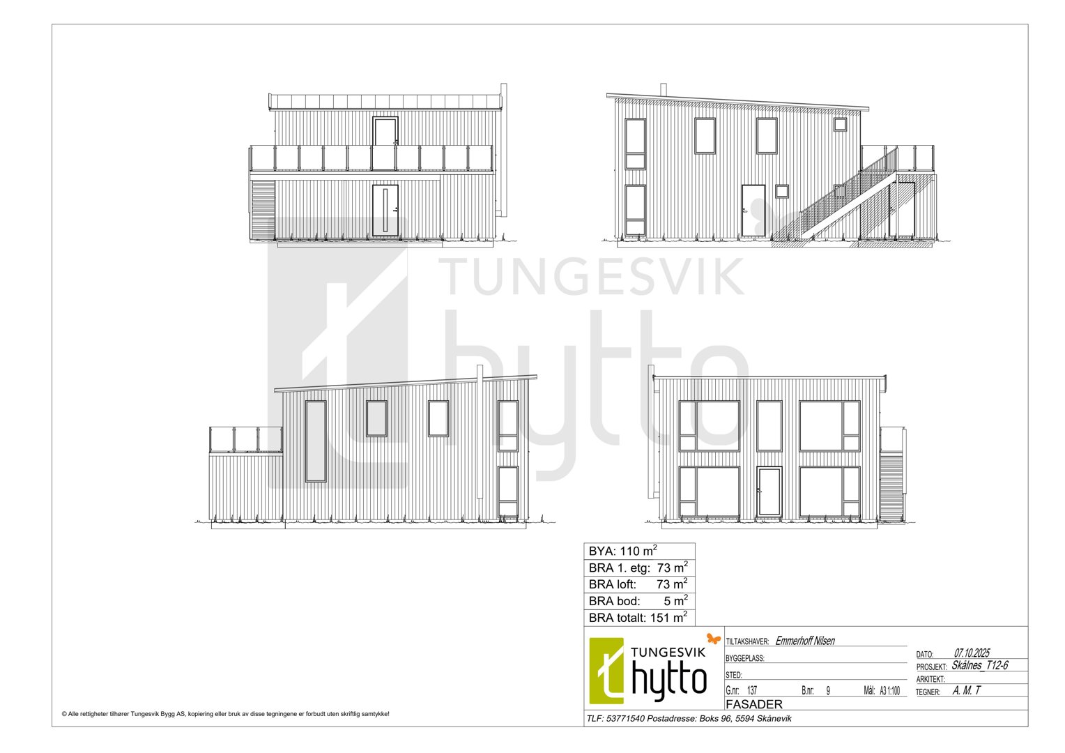 Fasadetegning som viser bygningens utsyn fra fire ulike vinkler (front, side, bak og en vinkel), inkludert vinduer, dører og trapp.